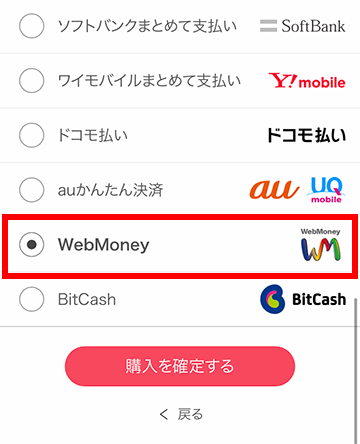 購入手続き画面でお支払い方法をWebMoneyにする