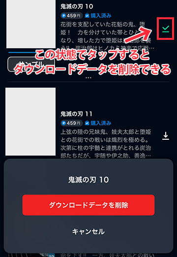 チェックアイコンをタップするとダウンロードデータの削除ができる